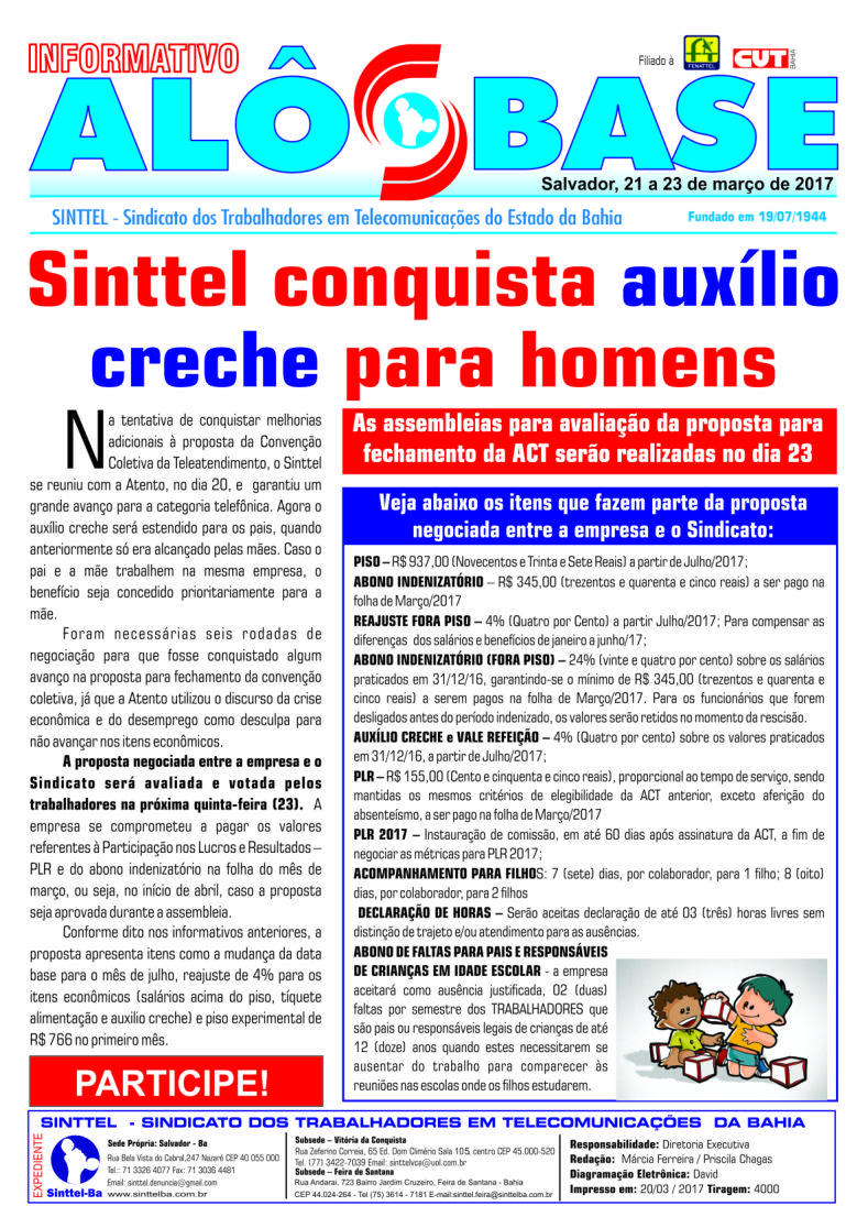 Sinttel conquista auxÃ­lio creche para homens na Atento 